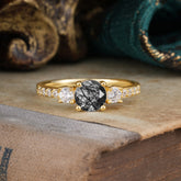 Round Cut Black Rutilated Quartz Engagement Ring Three Stone Promise Ring Four Claw Prong Setting